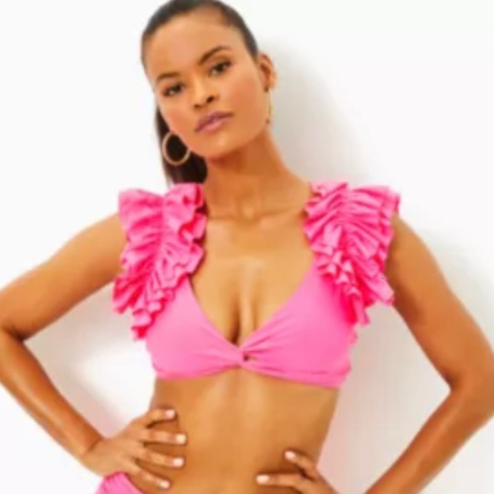Lilly Pulitzer pink Steviekate ruffle top and yarrow high waisted bottom size 10